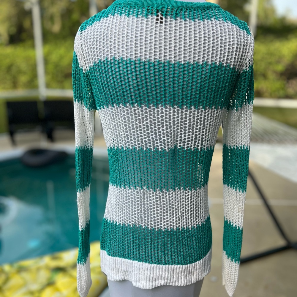 Tommy Bahama Cover Up Medium M White Green Stripe Knit Crochet - Picture 3 of 4